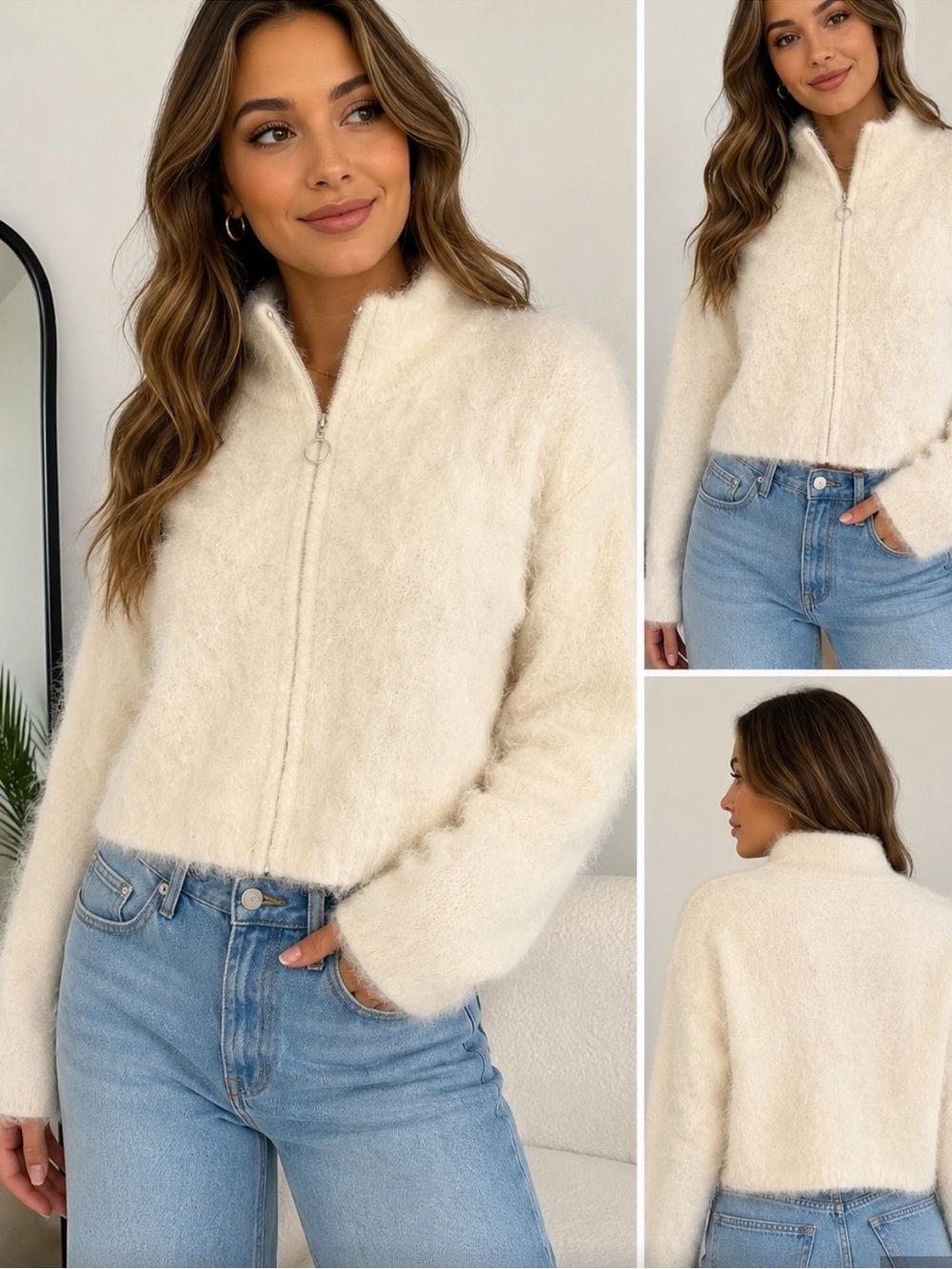 Wild Fable NWT S Cream CROPPED Fuzzy Zip-Up sweater Jacket